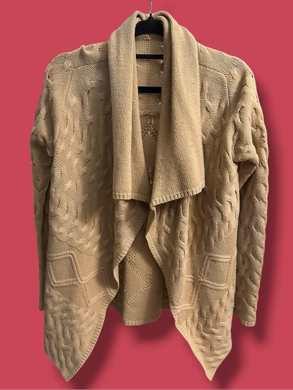 100% Cashmere Beige Cable Knit Open-Front Cardigan Sweater